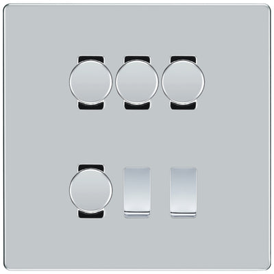 BG Screwless Polished Chrome 6 Gang Switch 4x Trailing Edge LED Dimmer 2x 2Way Custom Grid Switch by British General (BG-SCRL-PC-6G-CUSTOM-4x-Dimmer-2x-2WAY)
