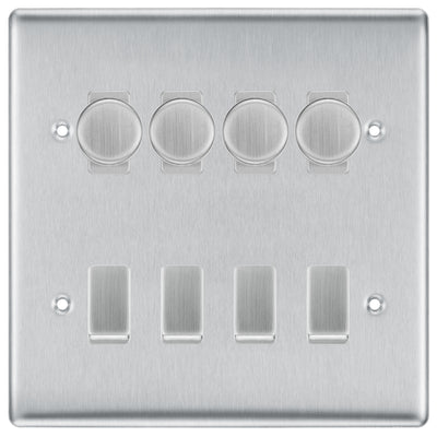 BG Nexus Brushed Steel 8 Gang Switch 4x Trailing Edge LED Dimmer 4x 2Way Custom Switch