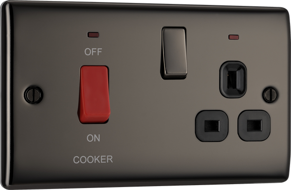 NBN70B Front - This 45A cooker control unit from British General includes a 13A socket for an additional appliance outlet, and has flush LED indicators above the socket and switch.