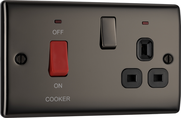 NBN70B Front - This 45A cooker control unit from British General includes a 13A socket for an additional appliance outlet, and has flush LED indicators above the socket and switch.