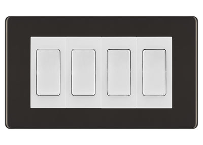 BG Screwless Black Nickel 4-Gang Light Switch 2x 2-Way + 2x Intermediate – White Inserts