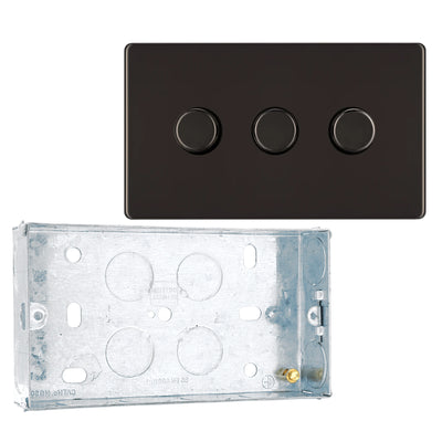 BG Screwless Black Nickel 200W 2 Way Triple Trailing Edge Dimmer Switch FBN83 with 25mm Steel Back Box