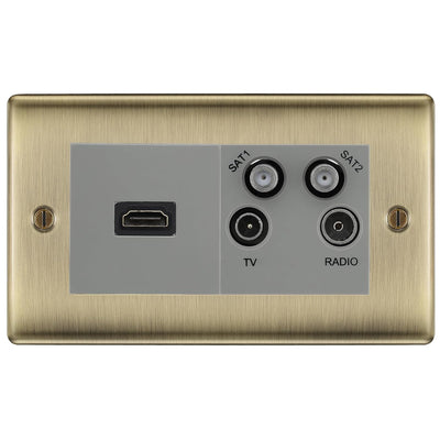 BG Nexus Antique Brass 4G Faceplate with HDMI + TV/FM/SAT Module - Grey Insert by British General (BG-NABEMR4-HDMI-TVFM2G)