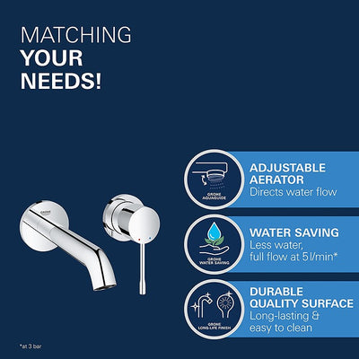 Grohe ESSENCE New 2 Tap Hole; Basin Mixer Tap; M-Size; Wall Mounted; Trim Set Only; Chrome - 19408001 by Grohe (Grohe-19408001)