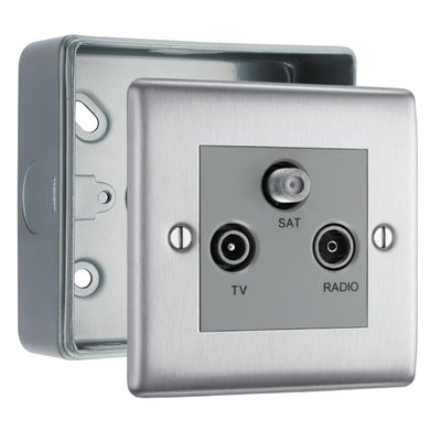 BG Nexus Brushed Steel Triplex TV/FM/Sat Socket & Surface Pattress Back Box by British General (BG-NBS67+MC501)