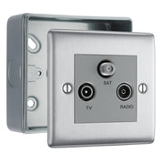 BG Nexus Brushed Steel Triplex TV/FM/Sat Socket & Surface Pattress Back Box by British General (BG-NBS67+MC501)