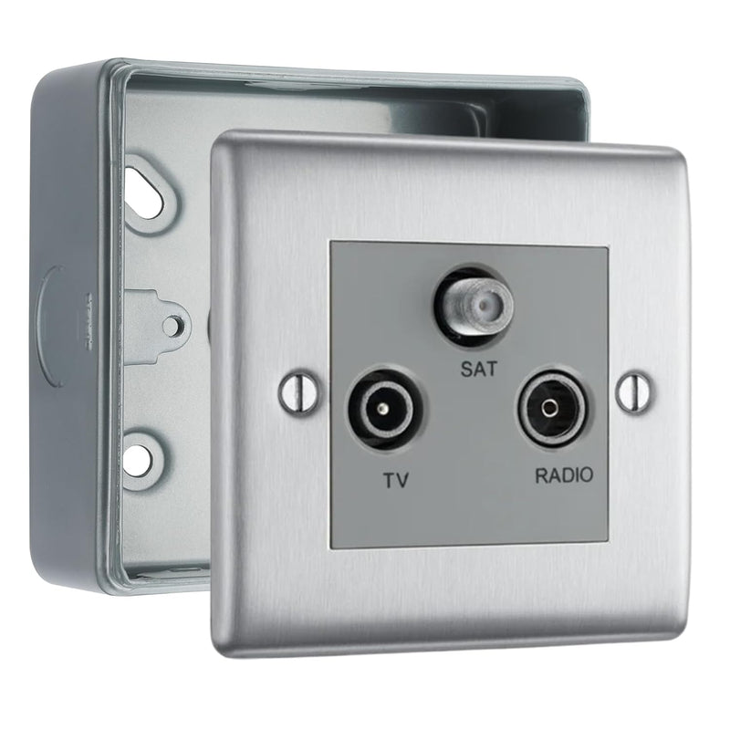 BG Nexus Brushed Steel Triplex TV/FM/Sat Socket & Surface Pattress Back Box