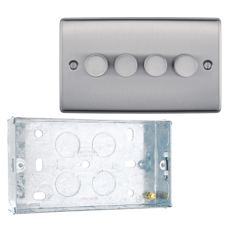 BG Nexus Brushed Steel 2 Way Trailing Edge Quadruple Dimmer Switch NBS84 with 25mm Steel Back Box