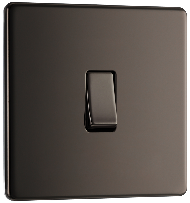 FBN12 Front - This Screwless Flat plate black nickel finish 20A 16AX single light switch from British General will operate one light in a room.