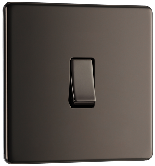 FBN12 Front - This Screwless Flat plate black nickel finish 20A 16AX single light switch from British General will operate one light in a room.