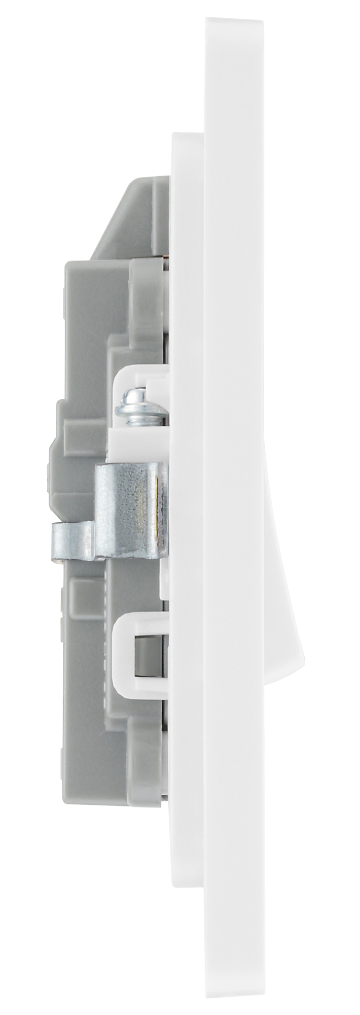 PCDBS31W Side - This Evolve Brushed Steel 20A double pole switch with indicator from British General has been designed for the connection of refrigerators, water heaters, central heating boilers and many other fixed appliances.