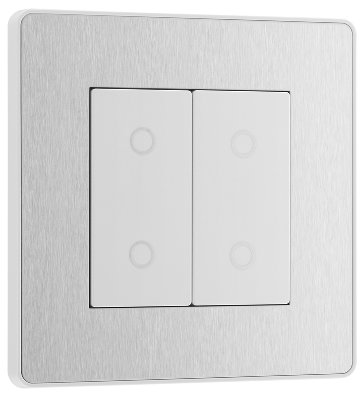 PCDBSTDM2W Front - This Evolve Brushed Steel double master trailing edge touch dimmer allows you to control your light levels and set the mood.