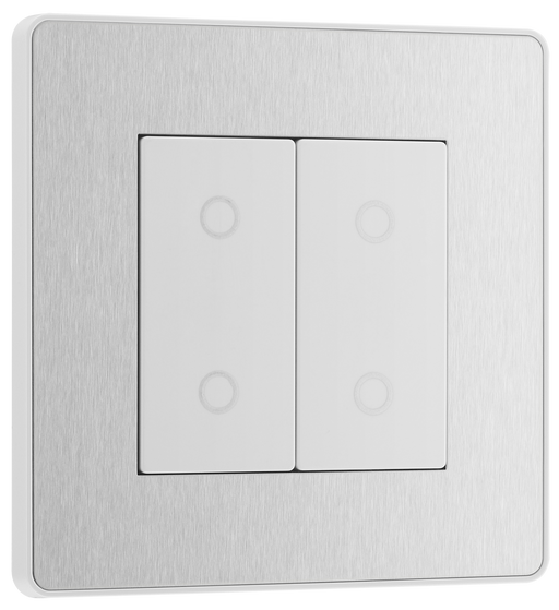 PCDBSTDM2W Front - This Evolve Brushed Steel double master trailing edge touch dimmer allows you to control your light levels and set the mood.