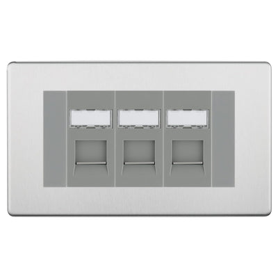 BG Screwless Brushed Steel 3 Gang RJ45 Cat6 Data Socket Outlet Grey Inserts by British General (BG-FBSRJ453G)