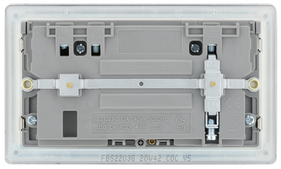 FBS22U3G Back - This completely screwless and slimline flat plate 13A double power socket from British General comes with two USB charging ports, allowing you to plug in an electrical device and charge mobile devices simultaneously without having to sacrifice a power socket.
