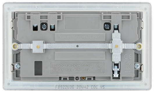 FBS22U3G Back - This completely screwless and slimline flat plate 13A double power socket from British General comes with two USB charging ports, allowing you to plug in an electrical device and charge mobile devices simultaneously without having to sacrifice a power socket.