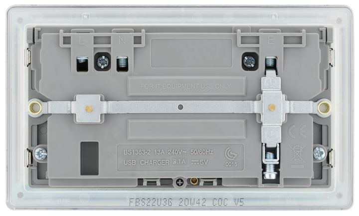 FBS22U3G Back - This completely screwless and slimline flat plate 13A double power socket from British General comes with two USB charging ports, allowing you to plug in an electrical device and charge mobile devices simultaneously without having to sacrifice a power socket.