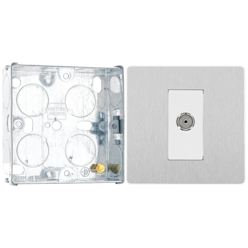 BG Evolve Brushed Steel Single Co-Axial Socket PCDBS60W with 25mm Steel Back Box