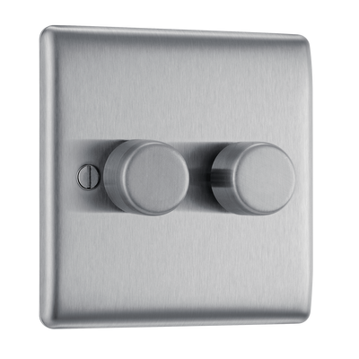 BG NBS82 Nexus Metal Brushed Steel 2 Gang 200W 2 Way Trailing Edge Push Type Dimmer Switch by British General (BG-NBS82-Shopify-SA_1)