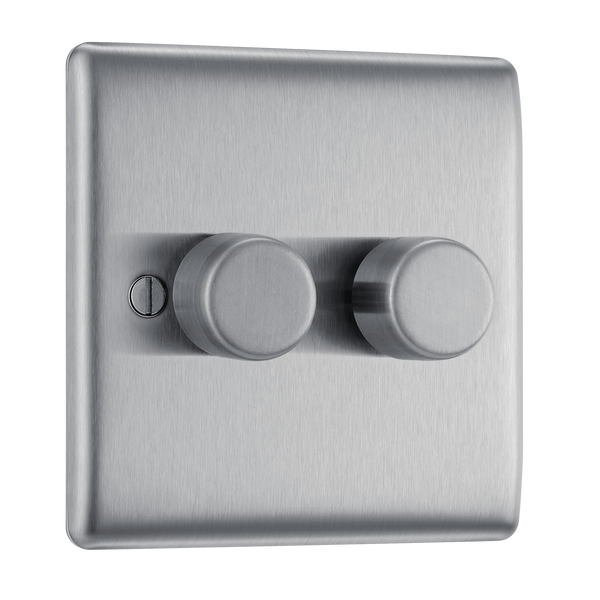 NBS82 Front -This trailing edge double dimmer switch from British General allows you to control your light levels and set the mood. The intelligent electronic circuit monitors the connected load and provides a soft-start with protection against thermal,