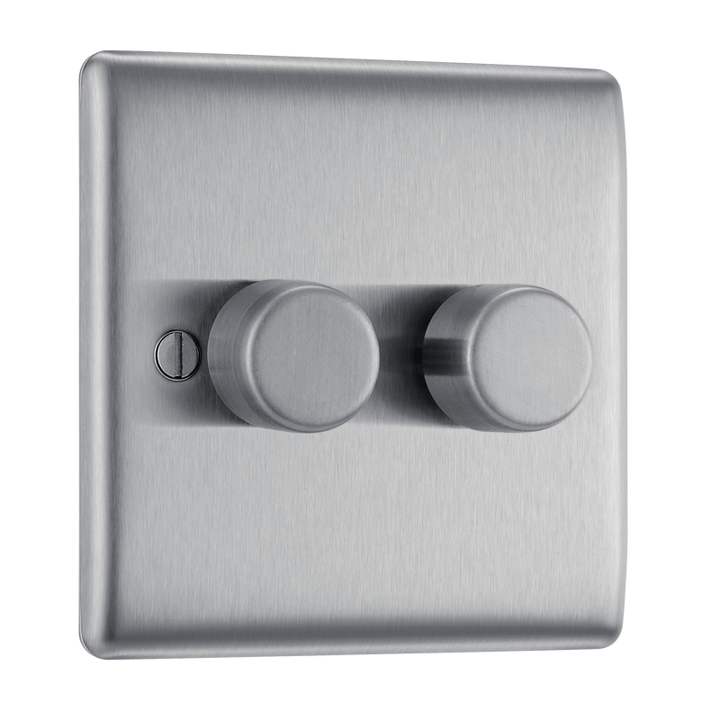 BG Nexus Brushed Steel 200W 2 Way Trailing Edge Double Dimmer Switch NBS82 with 35mm Steel Back Box