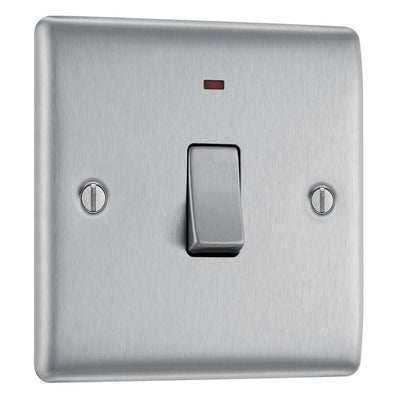 BG Nexus Brushed Steel 20A 2 Pole Single Neon Switch NBS31 with 25mm Steel Back Box