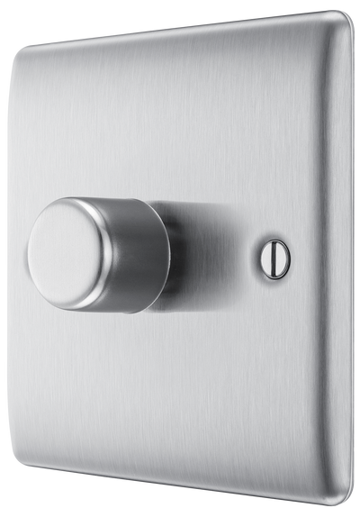 BG NBS81 Nexus Metal Brushed Steel 1 Gang 200W 2 Way Trailing Edge Push Type Dimmer Switch