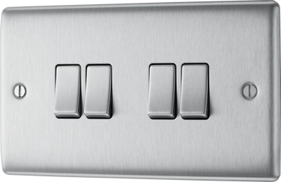 NBS44 Front - This brushed steel finish 20A 16AX quadruple light switch from British General can operate 4 different lights whilst the 2 way switching allows a second switch to be added to the circuit to operate the same light from another location (e.g. at the top and bottom of the stairs).