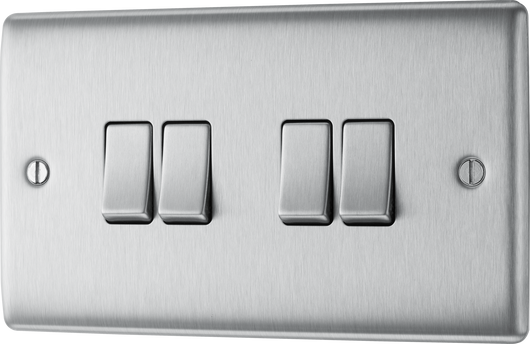 NBS44 Front - This brushed steel finish 20A 16AX quadruple light switch from British General can operate 4 different lights whilst the 2 way switching allows a second switch to be added to the circuit to operate the same light from another location (e.g. at the top and bottom of the stairs).