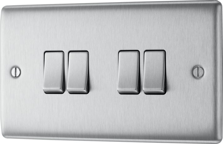 NBS44 Front - This brushed steel finish 20A 16AX quadruple light switch from British General can operate 4 different lights whilst the 2 way switching allows a second switch to be added to the circuit to operate the same light from another location (e.g. at the top and bottom of the stairs).