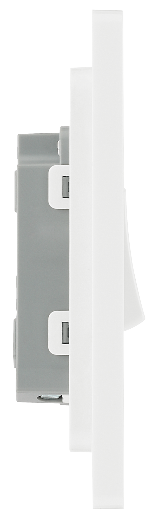 PCDBS12W Side - This Evolve Brushed Steel 20A 16AX single light switch from British General will operate one light in a room.