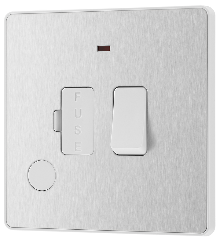 PCDBS52W Front - This Evolve Brushed Steel 13A fused and switched connection unit from British General with power indicator provides an outlet from the mains containing the fuse, ideal for spur circuits and hardwired appliances.