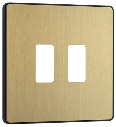 BG RPCDSB2B Evolve Grid Satin Brass 2 Module Square Front Plate - Black Trim