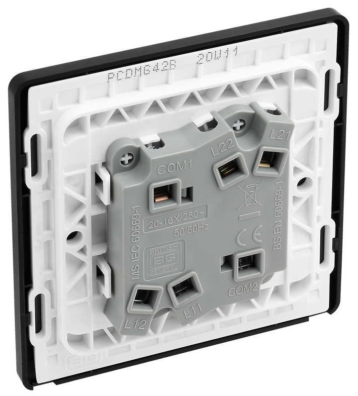 PCDMG42B Back - This Evolve Matt Grey 20A 16AX double light switch from British General can operate 2 different lights, whilst the 2 way switching allows a second switch to be added to the circuit to operate the same light from another location (e.g. at the top and bottom of the stairs).