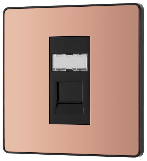  PCDCPRJ451B Front - This Evolve Polished Copper RJ45 ethernet socket from British General uses an IDC terminal connection and is ideal for home and office, providing a networking outlet with ID window for identification.