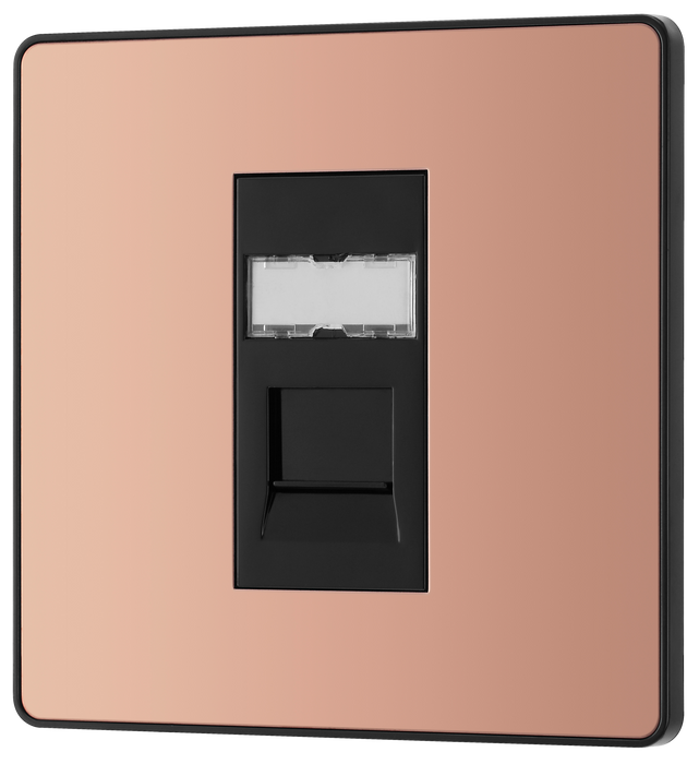  PCDCPRJ451B Front - This Evolve Polished Copper RJ45 ethernet socket from British General uses an IDC terminal connection and is ideal for home and office, providing a networking outlet with ID window for identification.