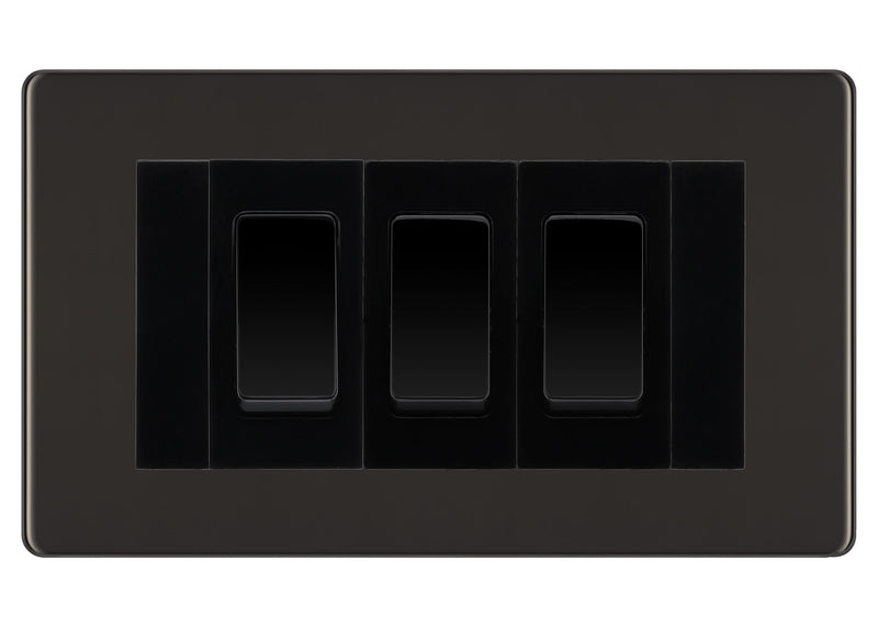 BG Black Nickel Screwless 3 Gang 20AX 2-Way Switch Custom Grid - Black Insert