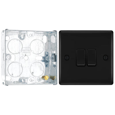 BG Nexus Matt Black 20A 16AX 2 Way Double Light Switch NFB42 with 25mm Steel Back Box by British General (BG-NFB42+HGS02)
