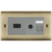 BG Nexus Antique Brass Media Wall Plate TV Aerial, HDMI & CAT6 Outlet - Grey Insert by British General