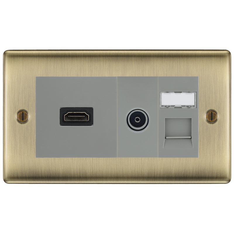 BG Nexus Antique Brass Media Wall Plate TV Aerial, HDMI & CAT6 Outlet - Grey Insert