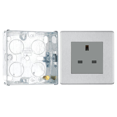 BG Screwless Brushed Steel 13A Flatplate Single Socket Unswitched FBS23G with 25mm Steel Back Box by British General (BG-FBS23G+HGS02)