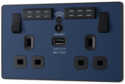 BG PCDDB22UWRB Matt Blue Evolve 2 Gang 13A 1x USB-A 2.1A Wi-FI Extender Switched Socket Outlet - Black Insert