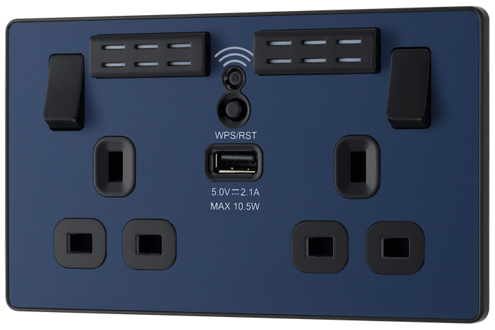 PCDDB22UWRB Front - This Evolve Matt Blue 13A double power socket with integrated Wi-Fi Extender from British General will eliminate dead spots and expand your Wi-Fi coverage.