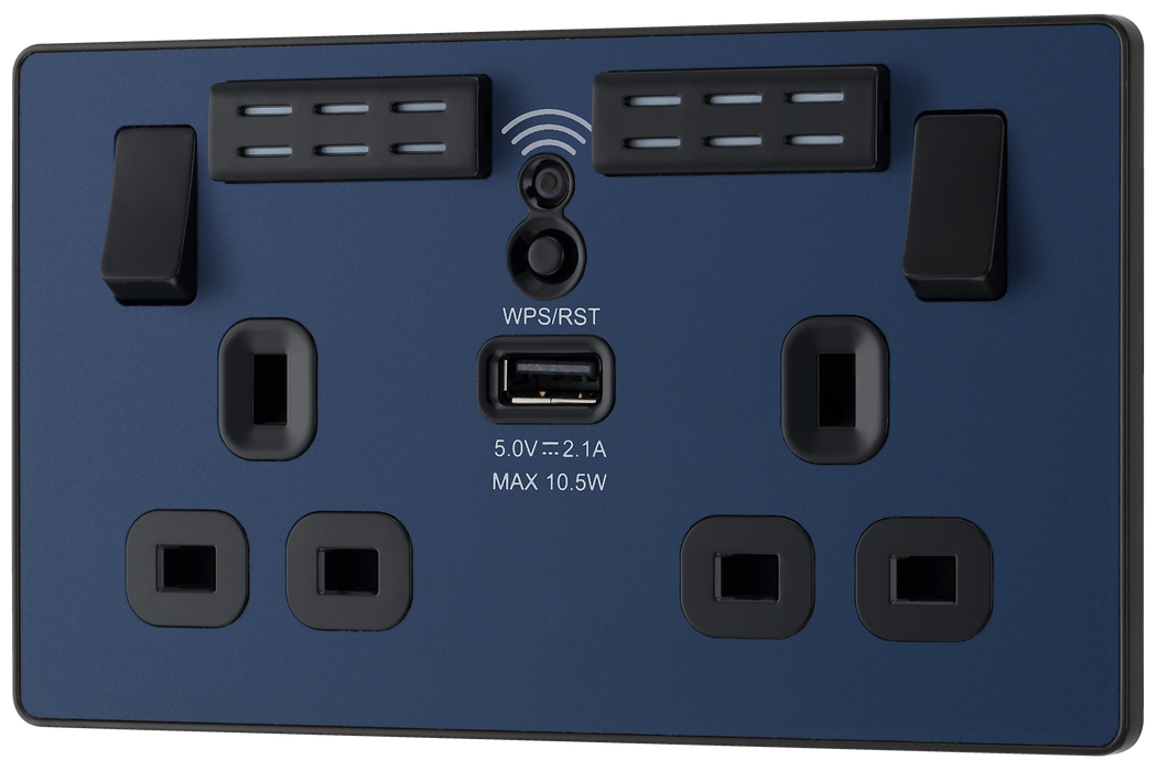 PCDDB22UWRB Front - This Evolve Matt Blue 13A double power socket with integrated Wi-Fi Extender from British General will eliminate dead spots and expand your Wi-Fi coverage.