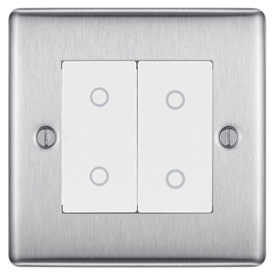 BG Nexus Brushed Steel Double Secondary Touch Dimmer Switch White Inserts NBSTDS2W by British General (BG-EMTDSW+NBSEMS2)