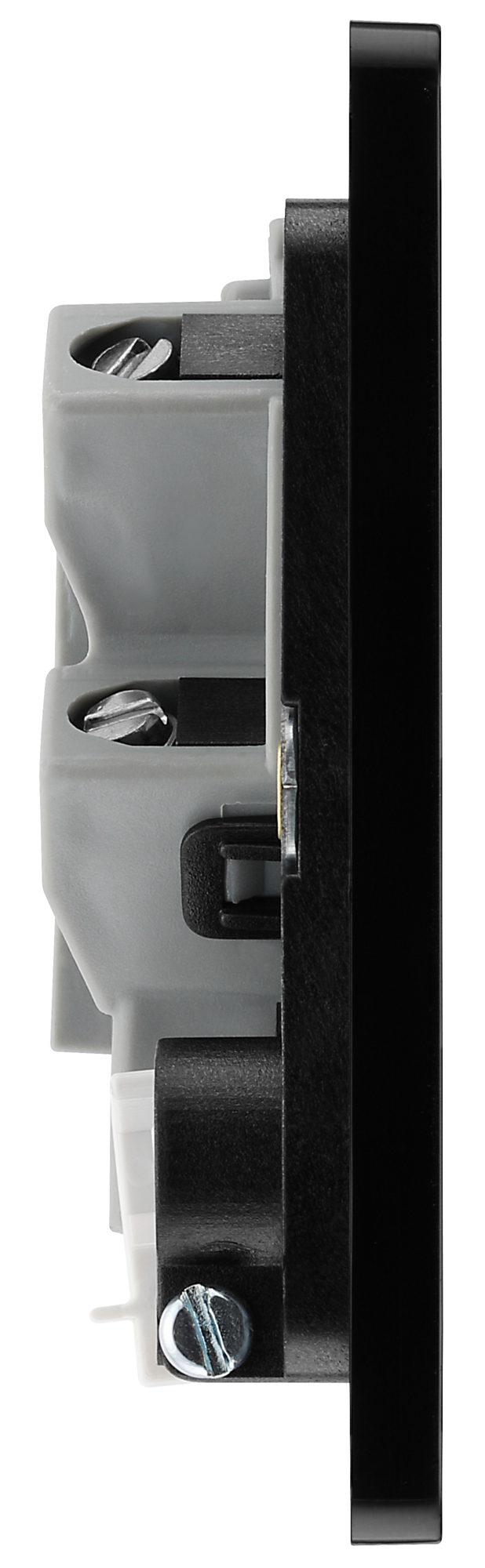 PCDBC54B Side - This Evolve Black Chrome 13A fused and unswitched connection unit from British General provides an outlet from the mains containing the fuse, ideal for spur circuits and hardwired appliances.