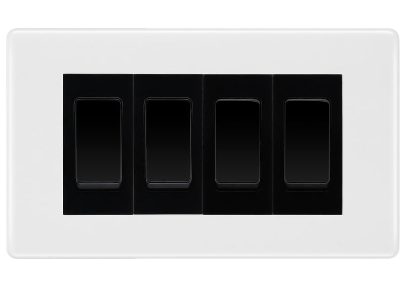 BG White Moulded 4-Gang Light Switch 3x 2-Way + 1x Intermediate – Black Inserts