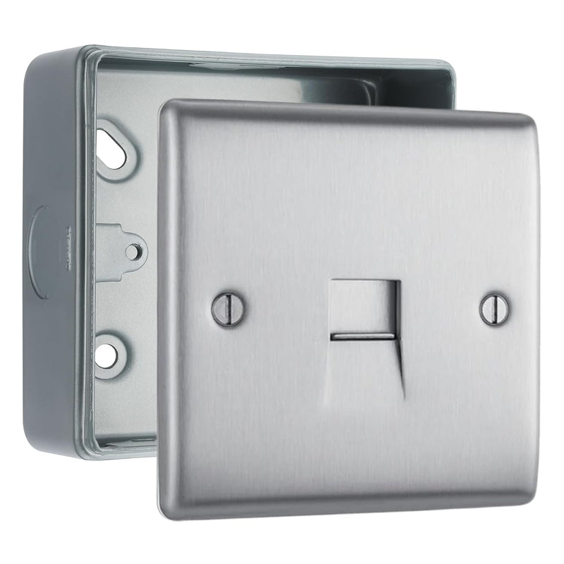 BG Nexus Brushed Steel 1 Gang Slave Telephone Socket with Surface Pattress Back Box