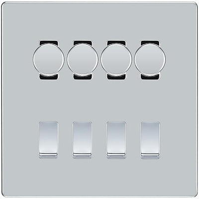 BG Screwless Polished Chrome 8 Gang Switch 4x Trailing Edge LED Dimmer, 2x Intermediate, 2x 2-Way Switch by British General (BG-SCRL-PC-8G-4x-Dimmer-2x-INT-2x-2Way)