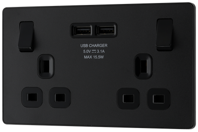 BG Evolve PCDMB22U3B Matt Black 2 Gang 13A -A 3.1A Socket-Black Insert